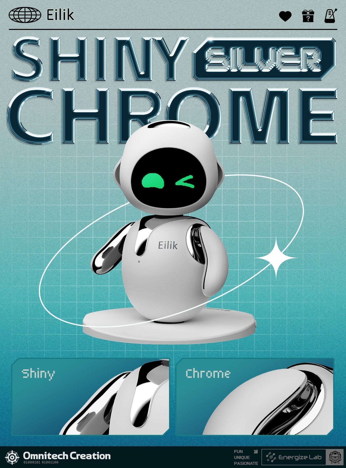 Eilik-Silver retro robot companion view 2