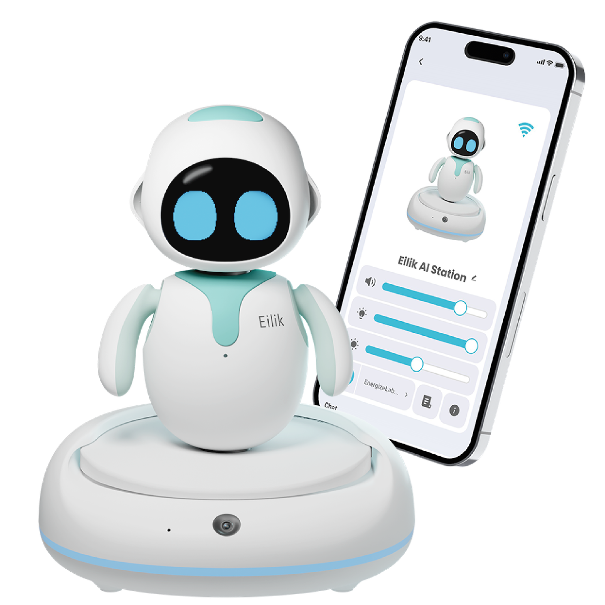 Eilik on the AI Station beside the EnergizeLab app