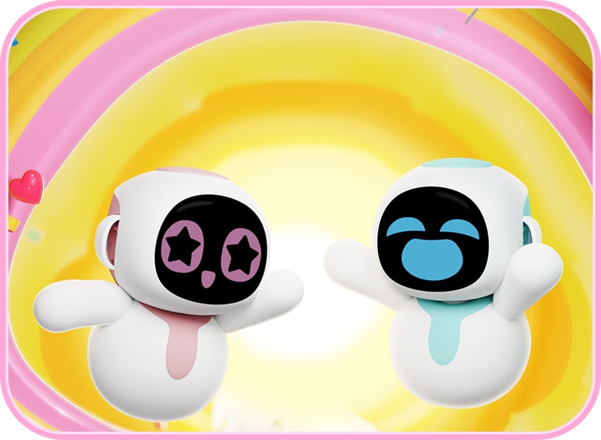Two Eiliko charm bots paired together, one bond one soulmate