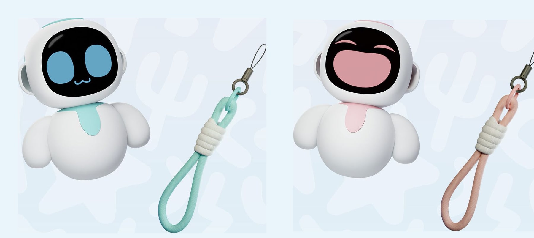 What is in the Eiliko box: the charm bot and its matching lanyard, in Blue and Pink