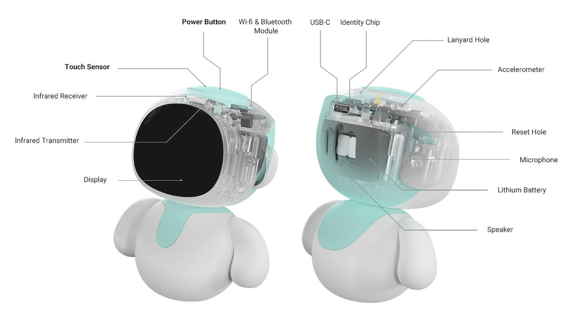 Cutaway diagram of Eiliko showing the display, touch sensor, Wi-Fi and Bluetooth module, USB-C port, lithium battery, speaker and microphone